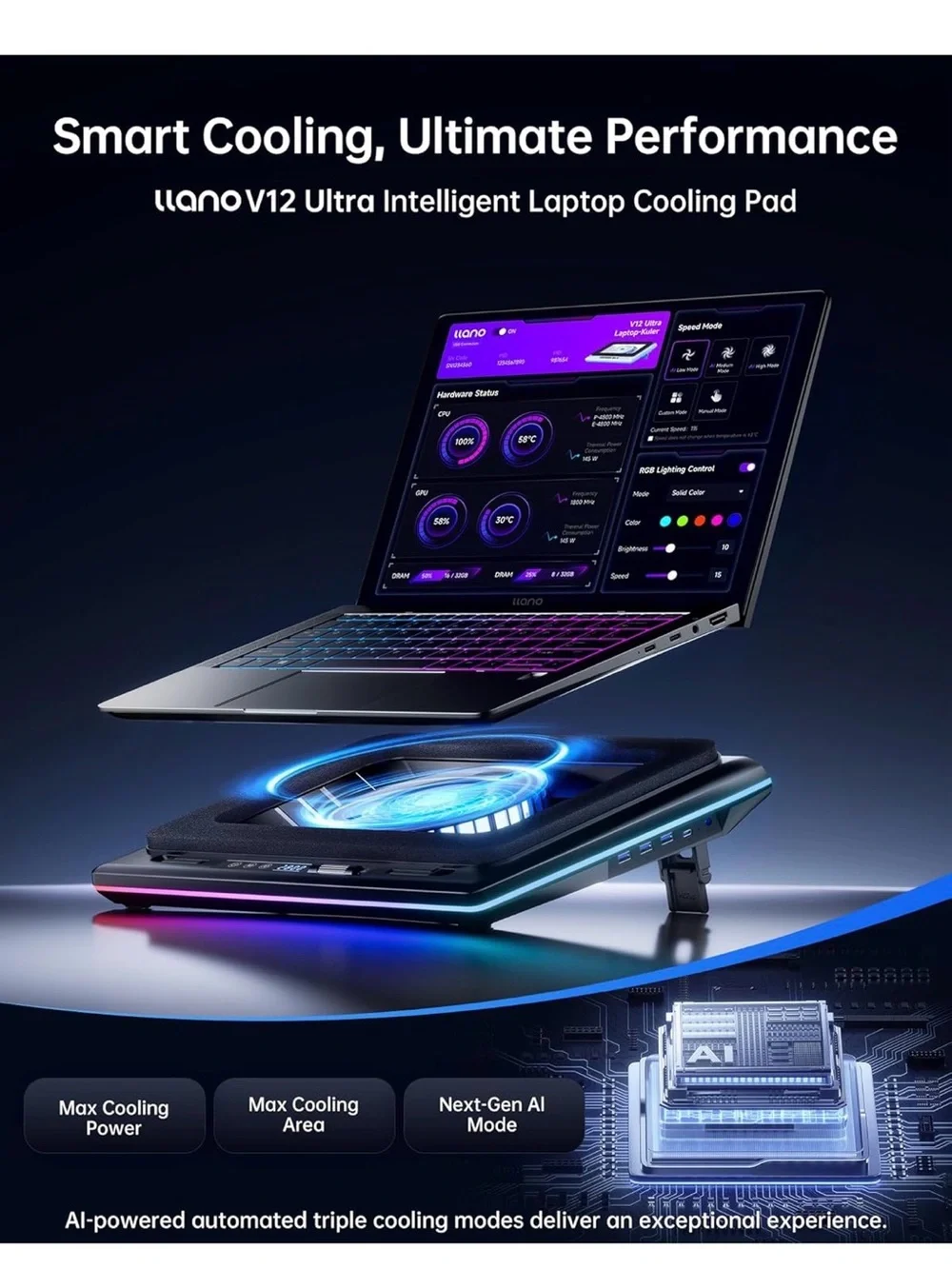 New Open Box llano V12 Ultra Laptop Cooling Pad with Smart Software Control, RGB